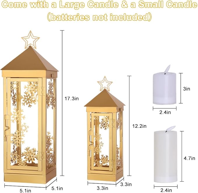 NEEDOMO Christmas Decorations Outdoor&Indoor, 17''/12'' Metal Candle Lantern Decor,Christmas Lanterns with Snowflakes Stars and LED Candle for Home Porch Patio Table Centerpieces, Xmas,No Glass