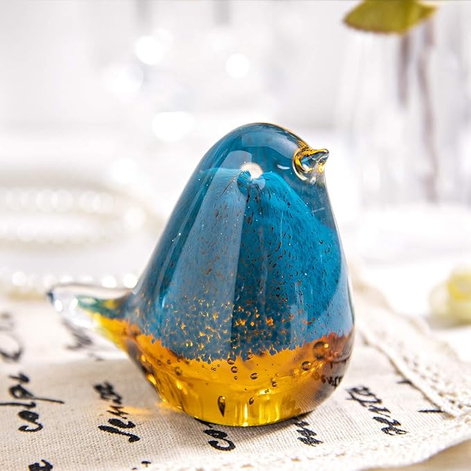 QFkris Blown Glass Bird Figurine Collectible Glass Art Craft Gift for Christmas, Birthday Home Decor Blue Yellow Paper Weight