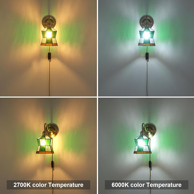 Vintage Wall Sconce, Wall Lamps with Polygonal Checker Sconce, Stained Glass Shade Brass Wall Lights Fixture with Plug in Cord and Switch for Bedroom Bathroom Living Room Hallway