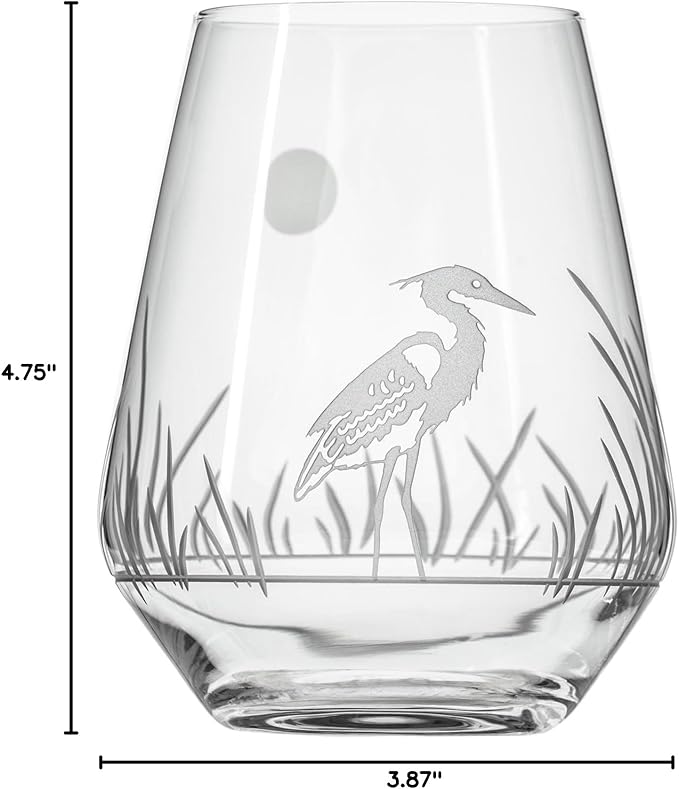Rolf Glass Heron Stemless Wine Tumbler 18 ounce - Stemless Wine Glasses – Lead-Free Glass - Engraved Tumbler Glasses - Made in the USA (Set of 2)