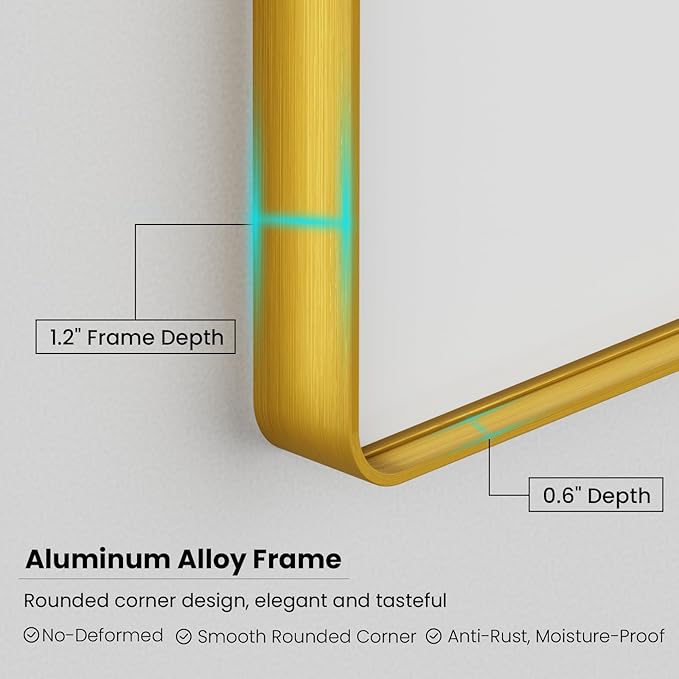 Gold Bathroom Mirror, 50x30 Inch Brushed Gold Metal Frame Mirror for Wall, Rounded Rectangle Bathroom Vanity Mirror, Tempered Glass, Anti-Rust, Horizontal/Vertical