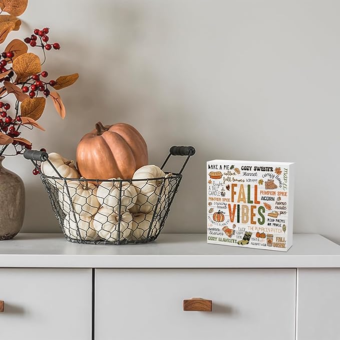 Autumn Thanksgiving Happy Fall Pumpkin Drink Maple Leaf Office Bedroom Dining Room Decor Wooden Box Block Plaque Wood Products Sign for Desk Table Tabletop Decor 5 x 5 inches Tub1601