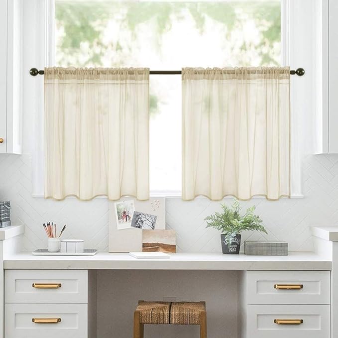 MIULEE 2 Panels Kitchen Tiers Half Window Sheer Curtains Rod Pocket Translucent Voile Drape for Kitchen Bathroom Small Windows 29 by 36 Inch Beige