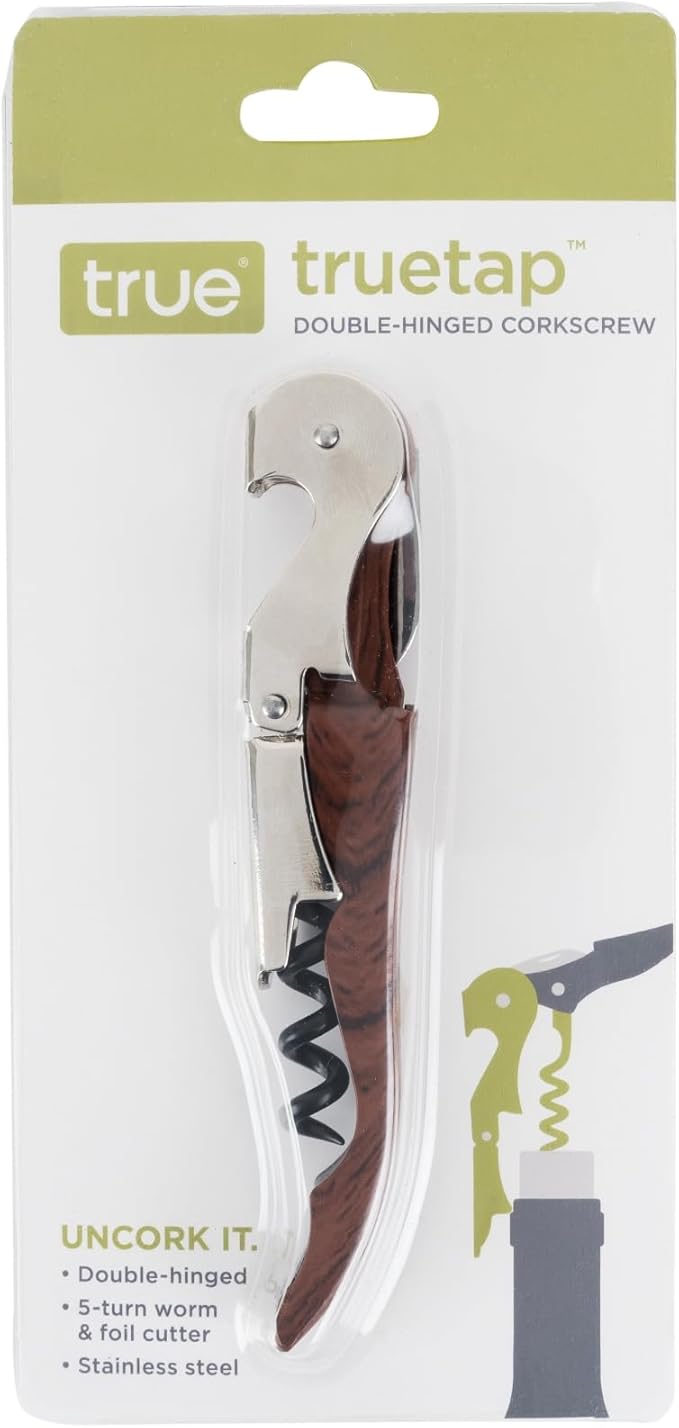 True Truetap Double Hinged Waiter's Corkscrew Wine Opener, Stainless Steel Wine Bottle Opener with Built In Foil Cutter, Home Bar Tools, Bar Cart Accessories, Wedding Gifts, Set of 1, Natural