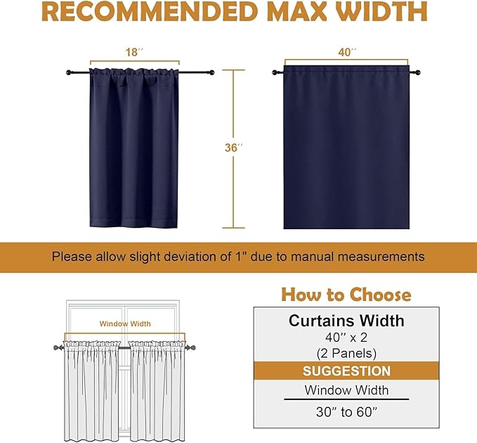 Aiyufeng Navy Blue Short 36 Inches Blackout Curtain 2 Panels Set, Half Window Rod Pocket Privacy Curtain Tiers for Kitchen, Curtains Blackout for Bathroom Shades, W40 x L36 Inch, Navy Blue