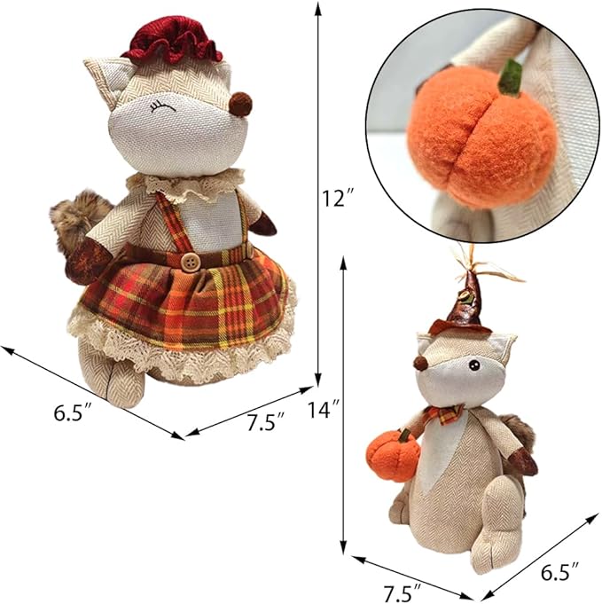 Fall Mantel Decor Thanksgiving Decoration Plushed Fox, 14" Sitting Fox, Table Foxes Animals Figurines, Couple Doll,Handmade Ornaments Autumn Fall Decorations for Home Mantel Fireplace (1set 2pcs)