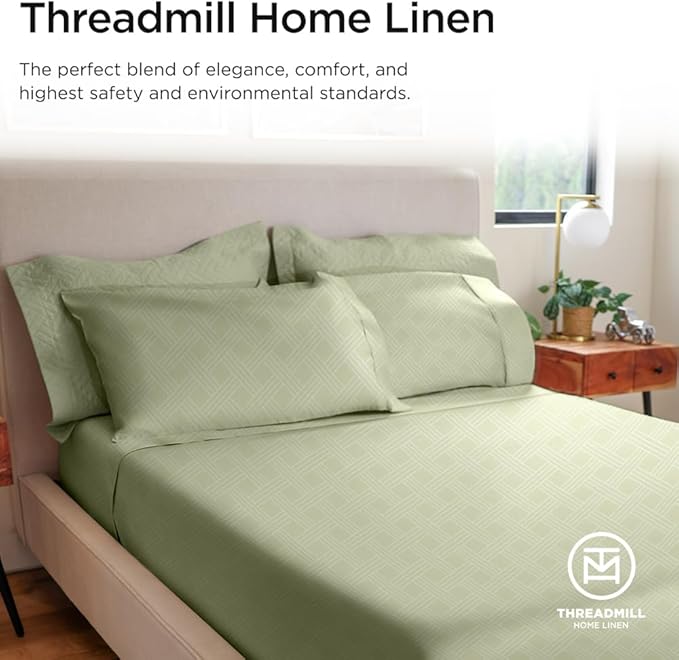 Threadmill King Size Sheets for King Mattress | 800 Thread Count Jacquard Celine Sage Green | Better Than Egyptian Cotton | 4 Pc Bed Sheets | Damask Sheet Fits 16'' Deep Pocket | 100% Cotton Sheets