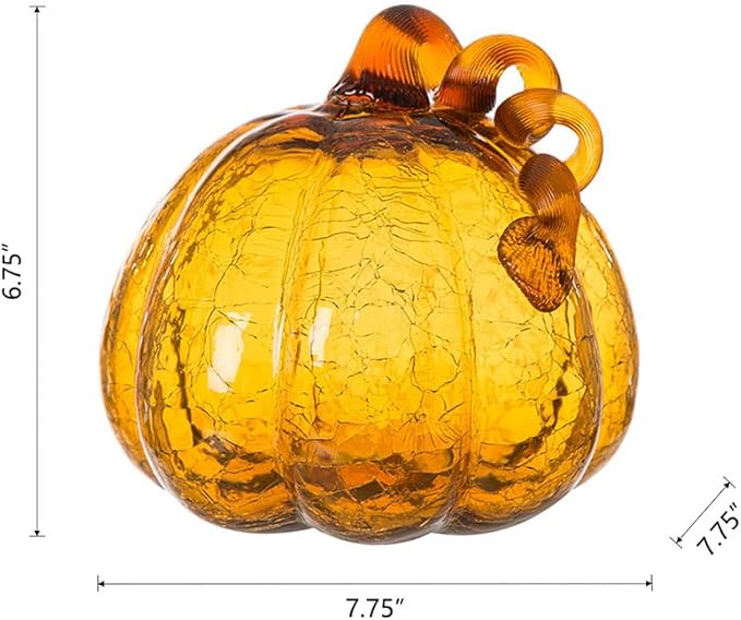 Glitzhome 6.69 Inch Amber Hand Blown Ornaments Crackle Glass Pumpkin for Fall Thanksgiving Halloween and Home Decor