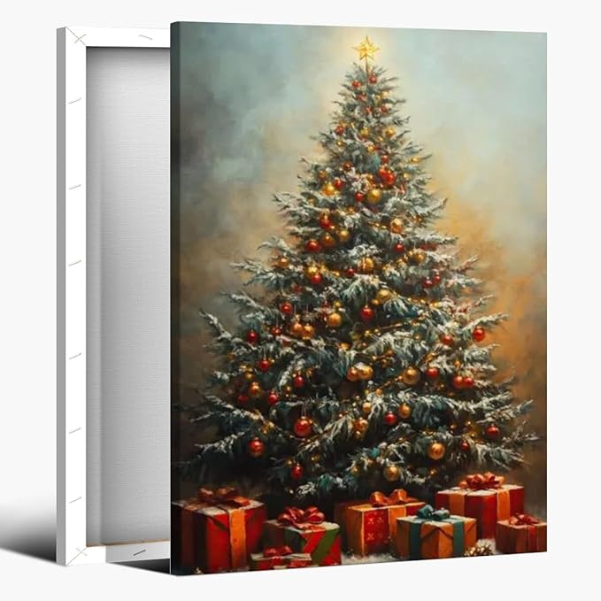 Vintage christmas wall art winter pine tree canvas poster xmas tree gift prints painting festive mood background wall decoration for living room bedroom Framed8x12inch
