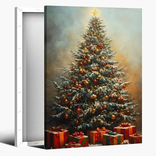 Vintage christmas wall art winter pine tree canvas poster xmas tree gift prints painting festive mood background wall decoration for living room bedroom Framed8x12inch