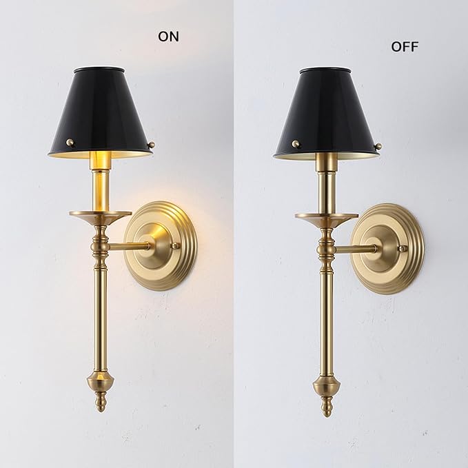 Modern Wall Sconce Industrial Mid Century Bathroom Vanity Wall Light Brushed Brass Finished Frame and Black Metal Lampshade Wall Mount Lights for Living Room Bedroom Stairs Corridor Mirror