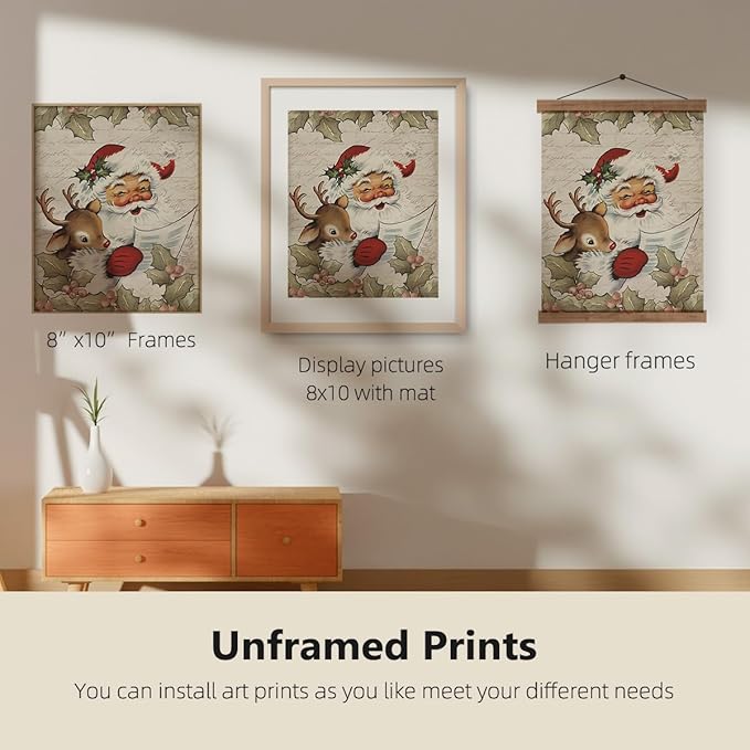 ETVISO Vintage Christmas Wall Art Prints Set of 4, Retro Christmas Garland Poster, Winter Holidays Gift Print Decor for Gallery, Living Room, Bathroom, 8x10 (Unframed)