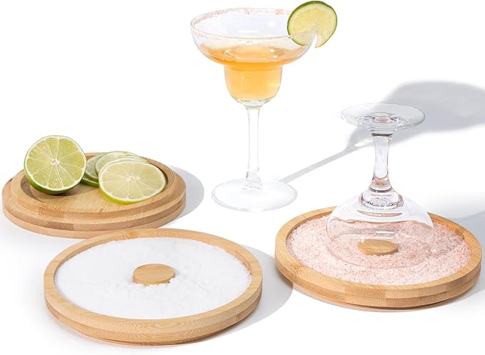 3-Tier Bamboo Margarita Salt Rimmer Set with Garnish Tray - Bartender Tool for Salt, Sugar & Lime - Fits Glasses up to 5.5" for Bars, Home, Parties