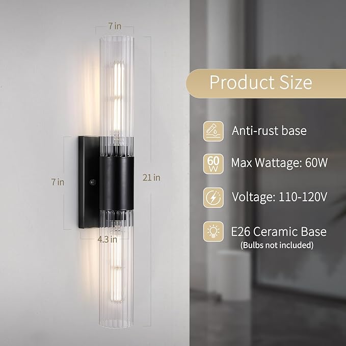 Wall Sconces Set of Two - Black Bathroom Sconces Wall Lighting with Threaded Glass Wall Lighting Fixtures Mounted Lamps for Bedroom, Bathroom, Living Room, Hallway (Black Water Pattern)