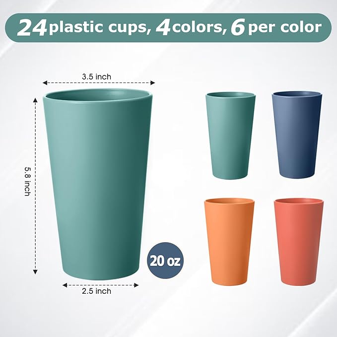 24 Pcs Unbreakable Plastic Cups Set, 20 oz Reusable Plastic Cups, Stackable Water Tumblers, Drinking Cup for Kitchen, Outdoor, BPA-free, Dishwasher Refrigerator and Microwave Safe (20 oz, 4 Colors)