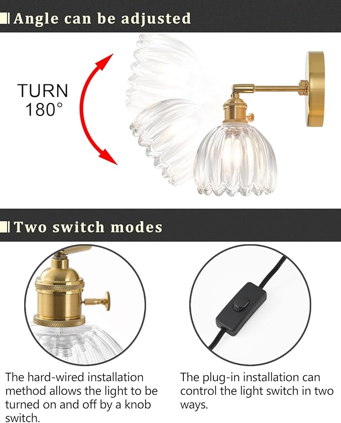 Plug in and Hardwired Wall Sconces, Luxury Vintage Tulip Crystal Glass Shade Wall Light with Switch for Bedside Bedroom Living Room (Tulip-Clear, 1)
