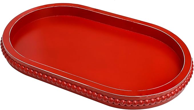 Red Oval Wood Decorative Ottoman Tray for Coffee Table Kitchen Counter, Living Room, Handcrafted Wooden Serving Tray for Table Centerpiece