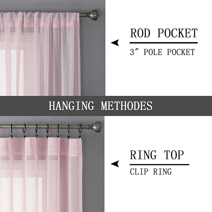 Tollpiz Sheer Tier Curtains Kitchen Linen Textured Half Curtain Sheers Light Filtering Rod Pocket Voile Bathroom Short Curtains for Farmhouse, 25 x 30 inches Long, Pink, Set of 2 Panels