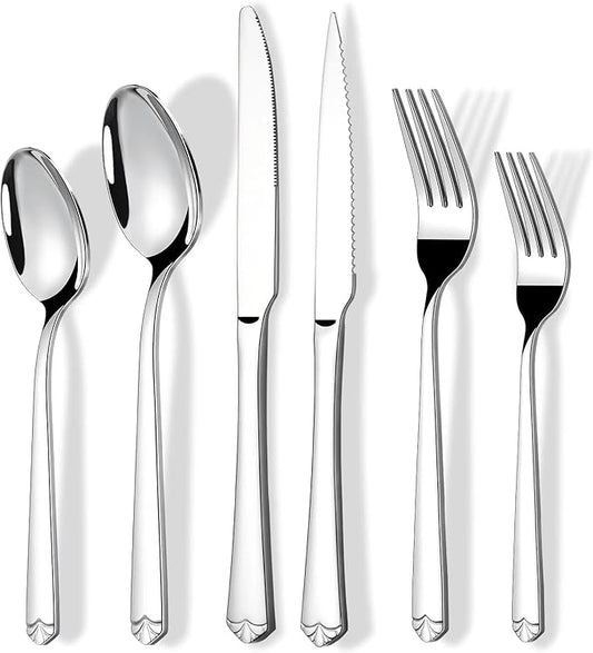 24 Piece Silverware Set with Steak Knives for 4, Prendcyx Stainless Steel Flatware Set, Food-Grade Tableware Cutlery Set Includes Forks Spoons Knives, Mirror Polished, Dishwasher Safe