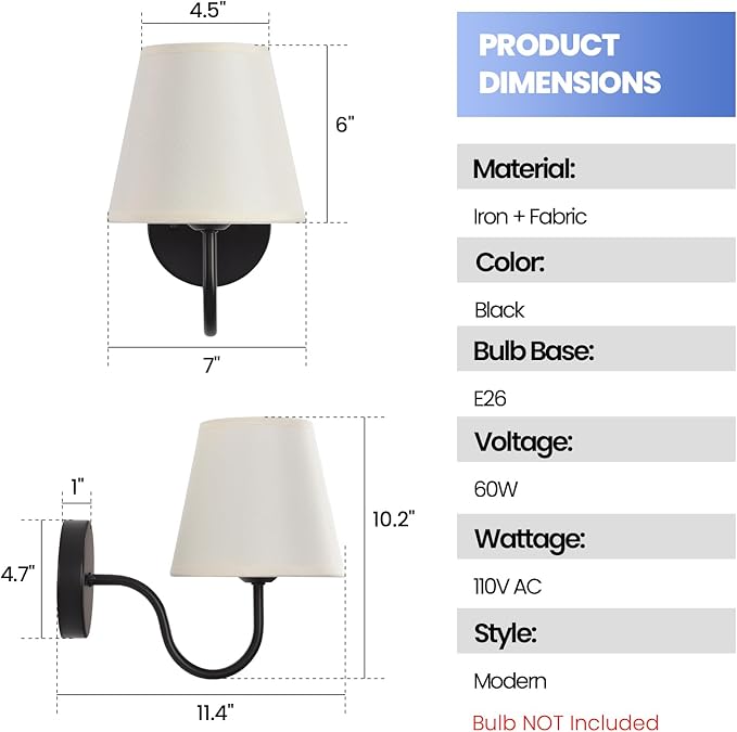 Wall Sconces Sets of 2, Bathroom Vanity Sconces Wall Lighting, Indoor Wall Lights with Light Beige Fabric Shades, Black Wall Mounted Lamps for Bedroom Living Room Hallway Kitchen, Hardwire