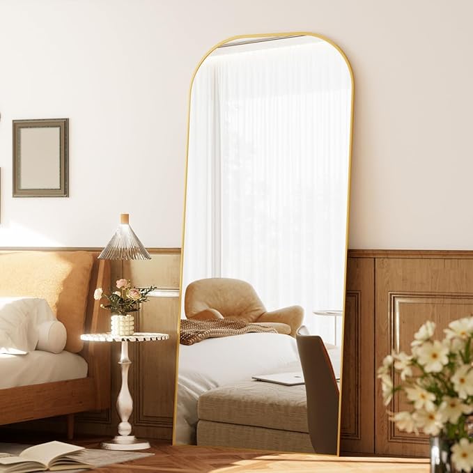 Koonmi Full Length Mirror, 71"x26" Mirror Full Length with Stand, Gold Domed Top Square-Edged Floor Mirror with Aluminum Alloy Frame for Bedroom Living Room