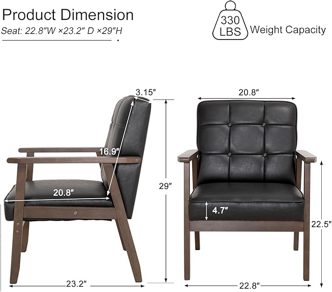 Okeysen Accent Chairs Set of 2, Mid Century Modern Accent Chair, Retro Wood and Leather Armchairs Side Chair, Lounge Reading Comfy Arm Chair for Living Room, Bedroom, Office(Matte Black)