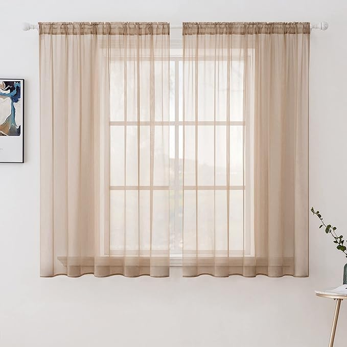 MIULEE 2 Panels Solid Color Sheer Window Curtains Elegant Window Voile Panels/Drapes/Treatment for Bedroom Living Room (54X54 Inches Brown)
