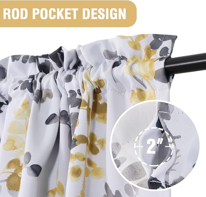 H.VERSAILTEX Floral Curtains 63 Inches Long Printed Pattern Room Darkening Curtains for Bedroom Rod Pocket Window Treatment Curtains, 2 Panels, Classical Floral Grey and Yellow