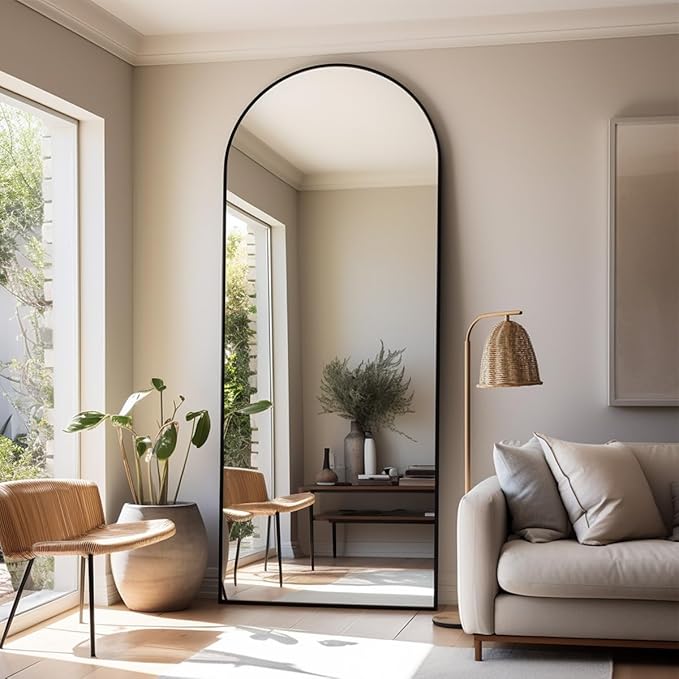 Full Length Mirror, 71"*26" Arched Full Body Mirror with Stand, Large Floor Mirrors for Leaning or Hanging, Big Mirrors for Bedroom, Living Room,Dressing Room, Aluminum Alloy Frame, Black