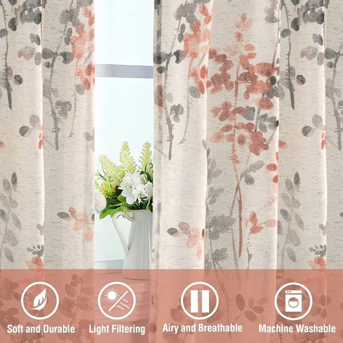 H.VERSAILTEX Linen Sheer Curtains for Living Room Sheer Panels 63 Inches Long Light Filtering Tab Top Window Treatment Drapes for Bedroom, 2 Panels, Vintage Classical Floral Print Coral and Taupe