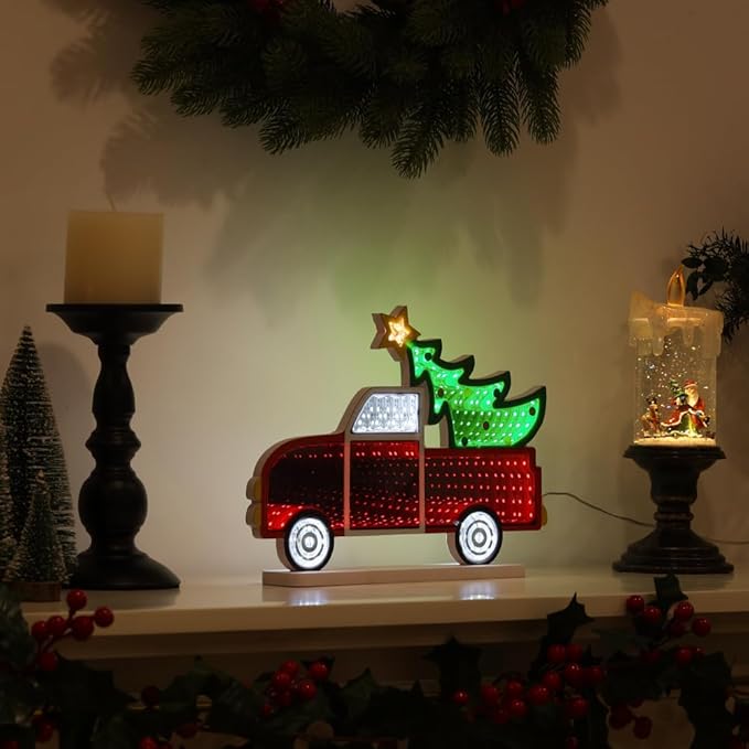MEETYAMOR Christmas Decorations Indoor, Christmas Tree Truck Infinity Mirror Tunnel Light, 3D Endless Extension LED Night Lamp, USB Powered Colorful Table Centerpiece for Living Room Home Decor