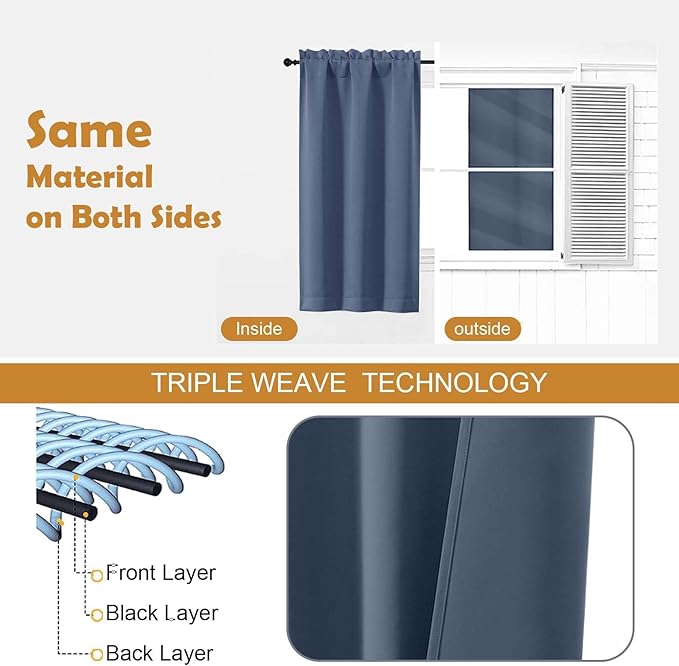 Aiyufeng Denim Blue Short Blackout Curtains for Bedroom 45 Inches Long 2 Panels Set, Solid Thermal Insulated, Energy Saving Window Treatment Curtains Blackout Drapes, W40 x L45 Inch, Denim Blue