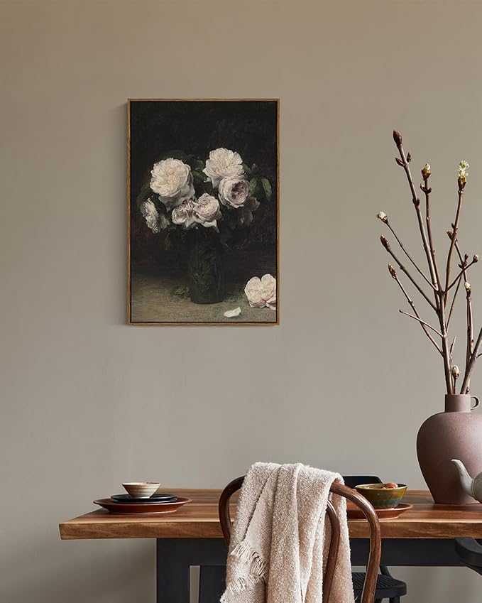 VIYYIEA Vintage Floral Large Framed Wall Art, Rose Flower Paintings Art Decor Room Aesthetic, Canvas Print Artwork, Retro Still Life Wall Pictures for Bedroom Bathroom Office, 20x30 Inch