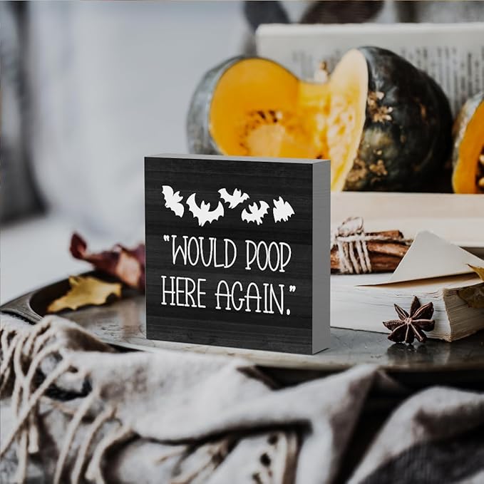 HTBIG Halloween Funny Bathroom Wooden Box Bat Decor Would Poop Here Again Humorous Restroom Decor Place it on a Bathroom Corner Shelf to Create a More Cheerful Ambiance 5 x 5 Inch