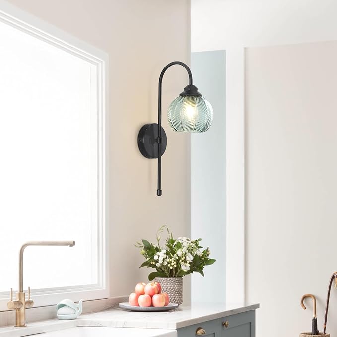 KCO Lighting Vintage Green Glass Wall Sconce Black Globe Sconce Mid Century Modern Long Wall Light Fixture for Living Room Bedroom Bathroom
