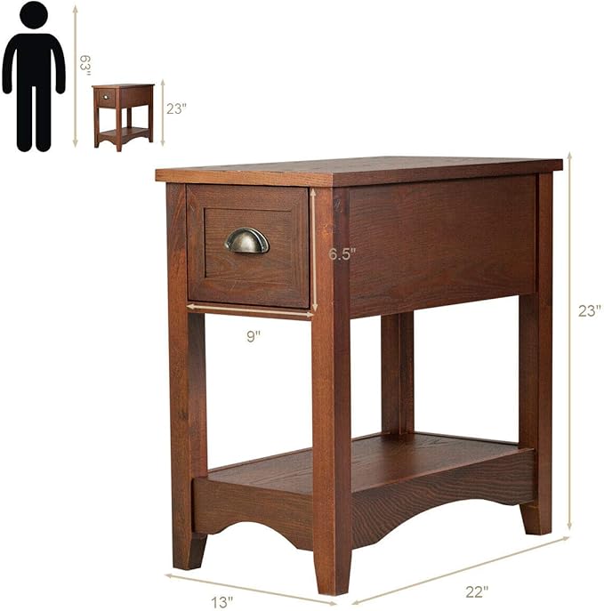 Giantex End Table with Drawer Set of 2, Retro Narrow Side Table, Nightstand with Solid Wood & Storage Shelf, Bedside Table for Living Room Bedroom Small Space Home Office (2, Walnut)