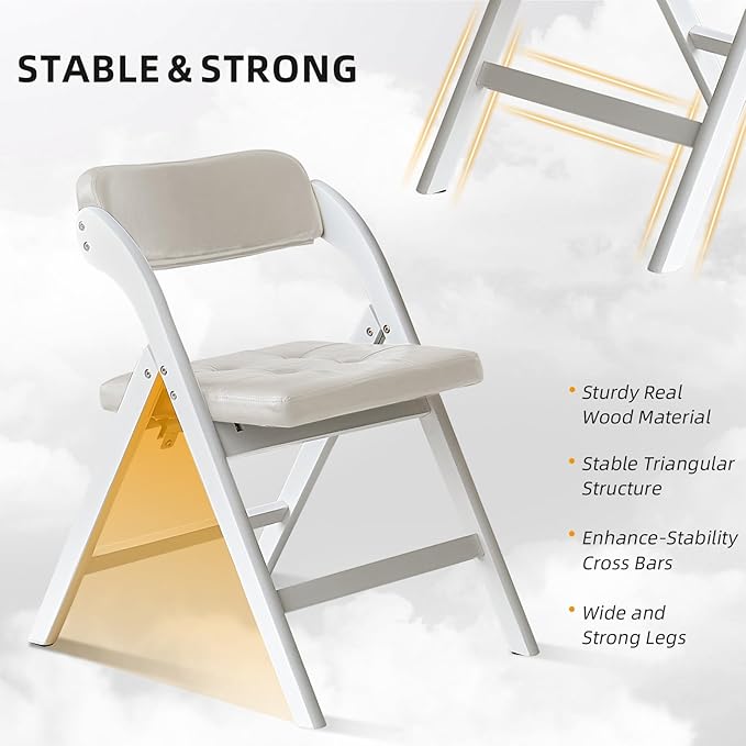 Wood Folding Chairs with Padded Seats, Wooden Folding Chairs Set of 2, Foldable Dining Chair with Cushion, Stackable Extra Chair for Indoor Outside Events, Party, Wedding (White Gray)