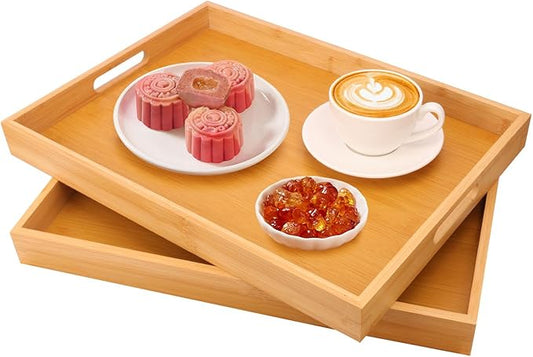 2 Pack Large Bamboo Serving Tray with Handles - 16 x 11.6 Inch Wooden Dinner Tray, Home Kitchen Decorative Tray, Breakfast Trays for Eating on Couch, Lap Trays, Coffee, Kitchen, Picnic