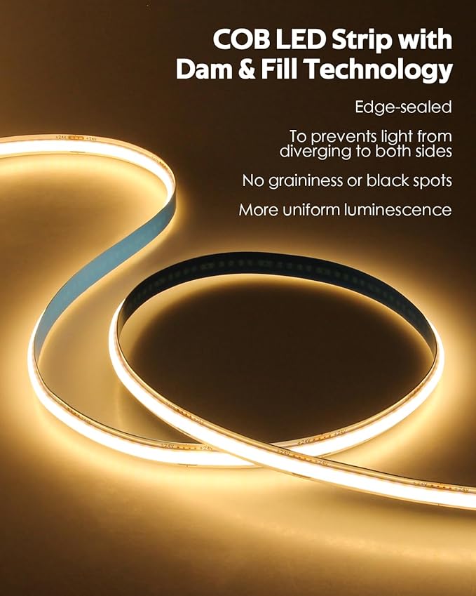 131.2FT 24V COB Led Strip Lights 3000K Dimmable LED Light Strips with Remote Warm White 480LED/M Hight Density Flexible COB LED Tape Light for Bedroom Cabinet Stairs Corridor(40M/2roll)