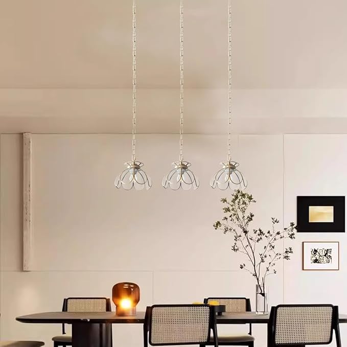 Yifi Glass Pendant Light Fixture, Brass Ceiling Pendant Lighting, Adjustable Chain Gold Mini Chandelier, Elegant Flower Hanging Lamp for Kitchen Island Dining Room Living Room Cafe Shops, Clear