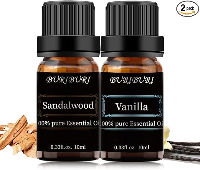 BURIBURI Sandalwood Oil Essential and Vanilla Essential Oil Gift Set, 100% Pure, Undiluted, Natural, Organic Aromatherapy Essential Oils 10ML