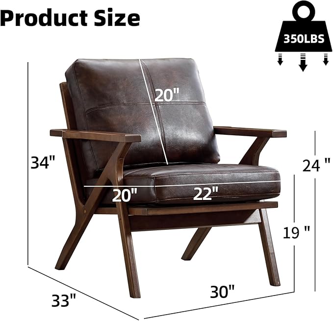 INZOY Mid-Century Modern Accent Chair with Wood Frame, PU Leather Living Room Chair and Soft Thick Padded Armchair for Living Room Bedroom Reception with Removable Upholstered Cushions, Brown