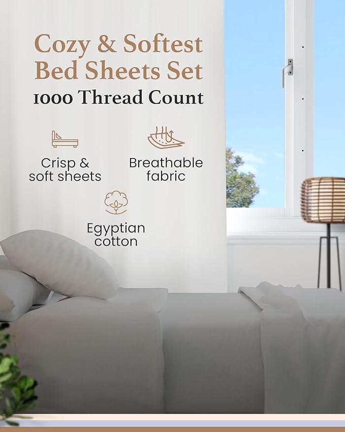 Good Sleep Bedding Twin Sheets - 100% Egyptian Cotton Twin Sheet Set, 4Pc, 1000 TC, Sateen Weave, Hotel Quality Size Bed Set, Soft, 16" Deep Pocket Sheets - Light Grey Bedsheets