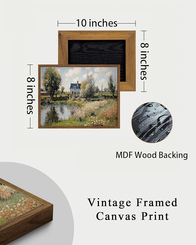 KISSFOX Vintage Landscape Framed Wall Art Impressionist Countryside River House Canvas Art Natural Cottagecore Paintings Artwork Rustic Art Prints For Bedroom Bathroom Living Room