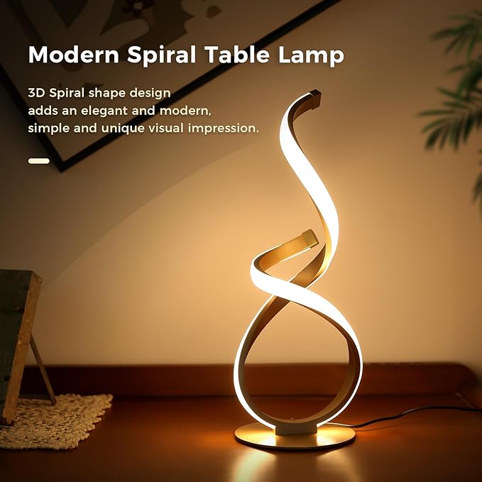 2 Pack Bedside Table Lamp, LED Spiral Desk Lamp, Touch Dimmable, 3 Color Temperature, Modern Nightstand Light for Night Stands, Unique Side Light for Bedroom, Living Room, Gold