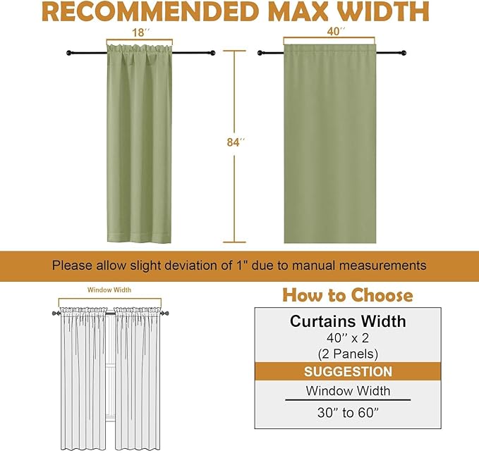 Aiyufeng Sage Green Blackout Curtains for Bedroom 84 Inch Length 2 Panels Set, Solid Thermal Insulated Privacy Living Room Window Treatment Curtains Blackout Drapes, W40 x L84 Inch, Sage Green