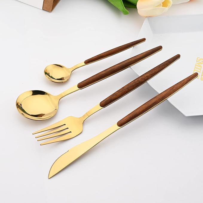 20 Piece (4 Set) Wood Handle Silverware Set, Retro 18/0 Stainless Steel Cutlery Set, Kitchen Utensils Include Knife Fork Spoon, Mirror Polish, Gold