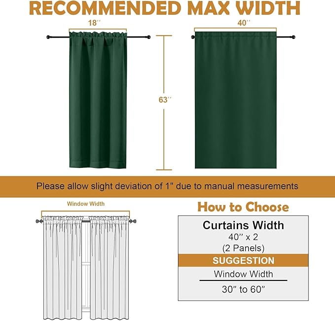 Aiyufeng Ever Green Blackout Curtains for Bedroom 63 Inch Length 2 Panels Set, Thermal Insulated Energy Saving Rod Pocket Window Treatment Curtains Blackout Drapes, W40 x L63 Inch, Ever Green