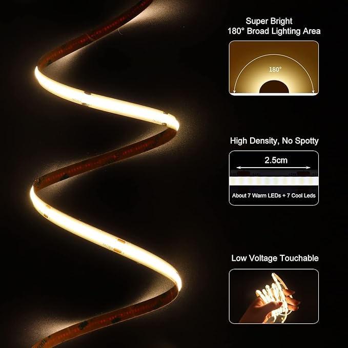 20ft COB LED Strip Lights, Bluetooth Smart App Tunable 3000K~6500K White Daylight to Warm White Light Strip with Remote Dimmable for Bedroom Kitchen Home Lighting