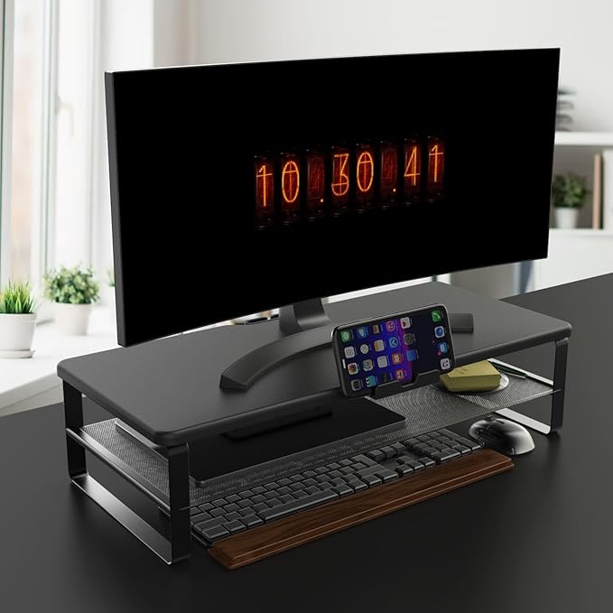 Monitor Stand with drawer, 2-Tier Monitor Stand Riser with Phone Holder and Cable Management - Desk TV Shelf, Laptop Printer, Desk Organizer Stand, for Home & Office, Black